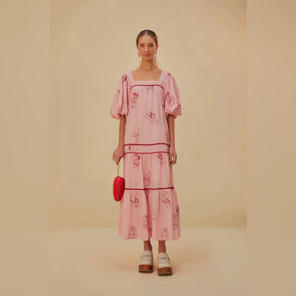 Farm Rio The Kiss Embroidered Short Sleeve Maxi Dress